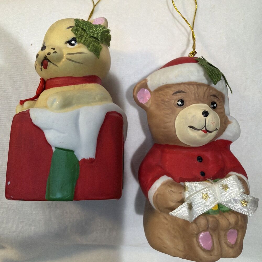 VTG Pair of Cute 1966 Christmas Bell Ornaments Teddy Bear and Kitty